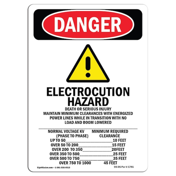 Safety Sign, OSHA Danger, 24" Height, Electrocution Hazard, Portrait, D-1824-V-1781